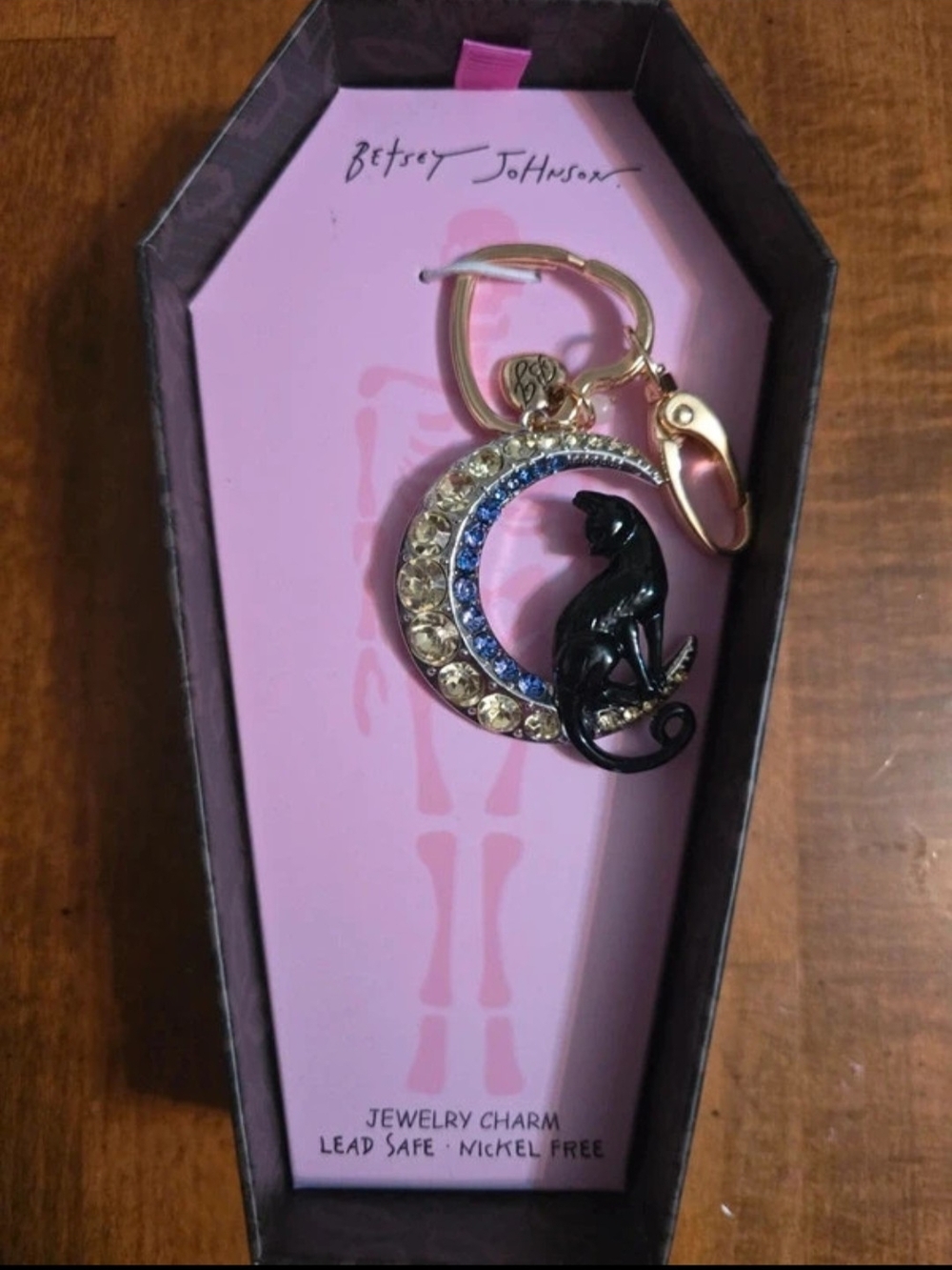 Betsey Johnson Black Cat Crescent Moon Keychain